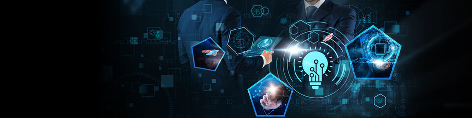 Fototapeta premium Innovation Technology Concept: Disruption, automation, digital transformation, data analytics, artificial intelligence, machine learning, and connectivity on global business network.