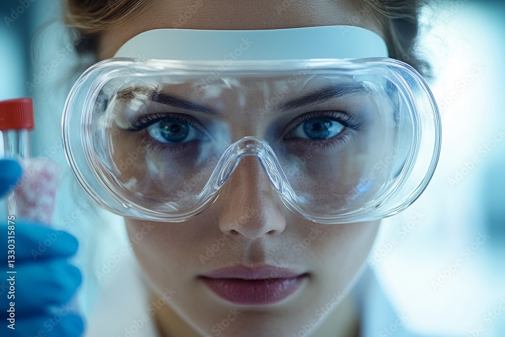 Poster close-up view of a scientist intently focused on examining lab samples. the reflection in the safety