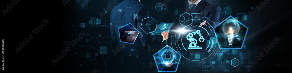 Poster robotics concept: automation, artificial intelligence, machine learning, precision, efficiency, smar