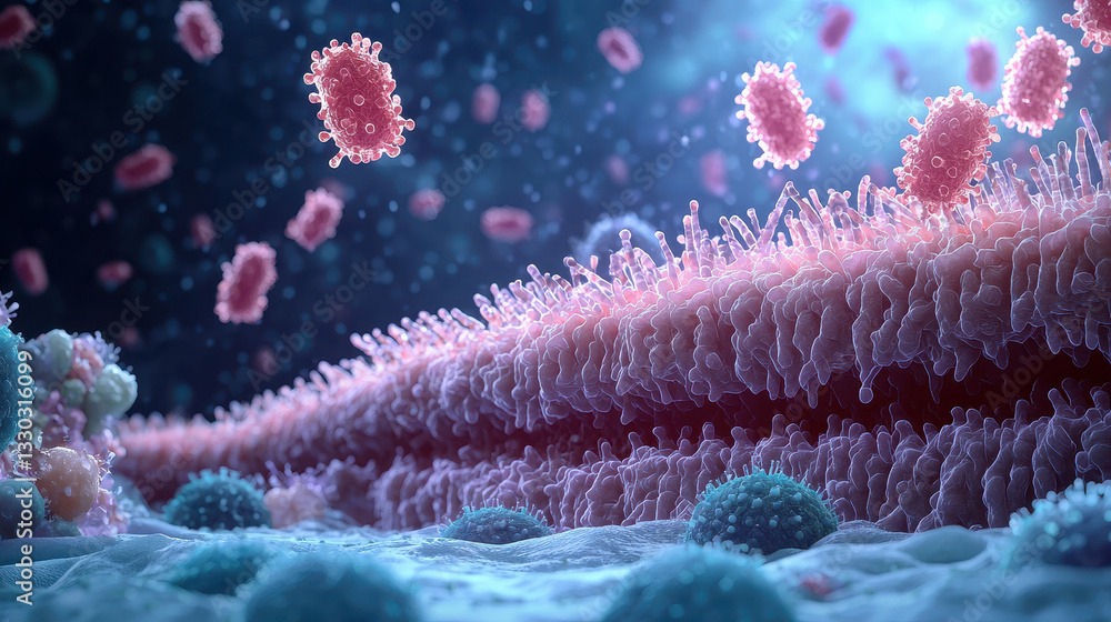 Aufkleber microscopic view of immune cells secreting interferon in a dynamic cellular environment