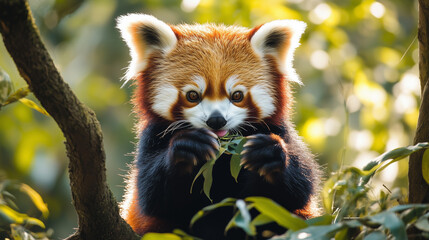 Obraz premium Red panda eating leaves in a forest with soft sunlight filtering through the trees.
