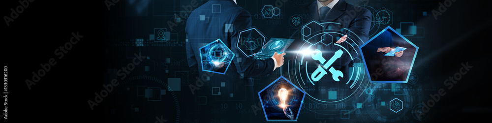 Poster technical support concept: troubleshooting, system maintenance, user assistance, network monitoring,