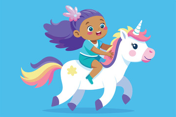 A cheerful toddler rides a vibrant unicorn, expressing joy and adventure in a playful environment, Toddler riding unicorn Customizable Semi Flat Illustration