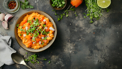 Delicious mashed sweet potatoes in bowl, spoon, microgreens and vegetables on table, top view