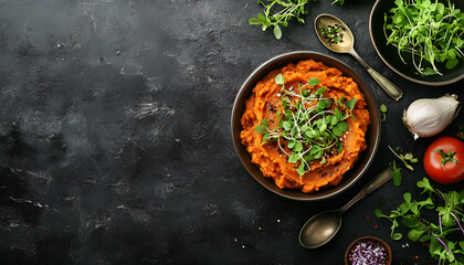 Delicious mashed sweet potatoes in bowl, spoon, microgreens and vegetables on table, top view