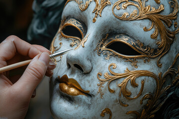 Craftsman painting venetian carnival mask with gold ornaments