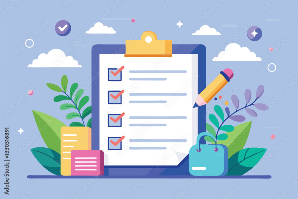 Poster a colorful to-do list with checkboxes, a pencil, and plants, designed for efficient task management,