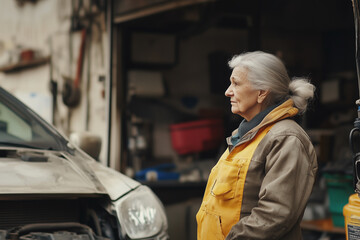 Fototapeta premium Side view of old female mechanic outside auto repair shop