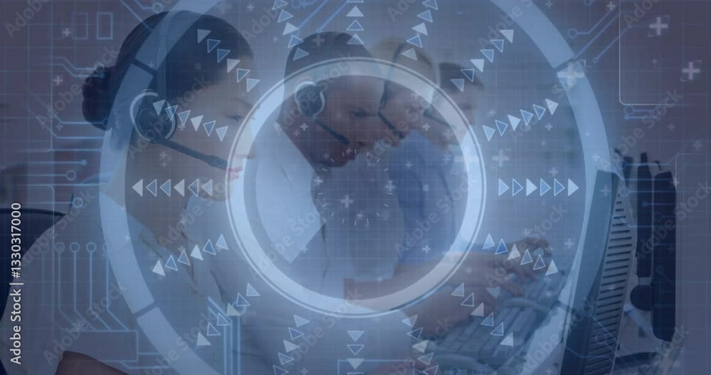 Poster working in call center, employees using digital interface with animation elements