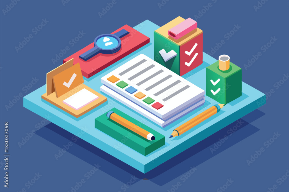 Poster a colorful isometric design features a customizable to-do list with various stationery items arrange