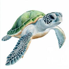 Obraz premium Detailed Green and Blue Grey Sea Turtle Illustration on White Background