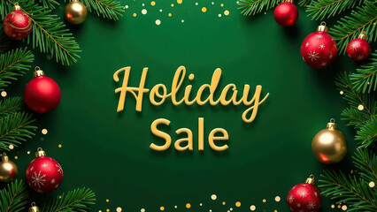 Holiday sale golden text on dark green background on christmas ornaments