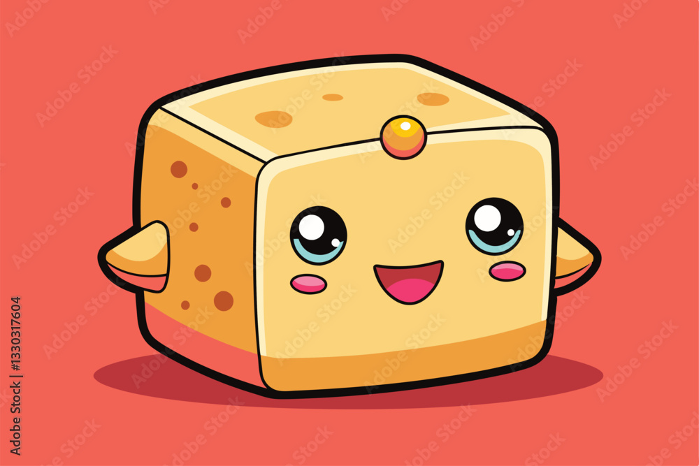 Poster a cute cartoon tofu character with a joyful expression and customizable features, inviting creativit