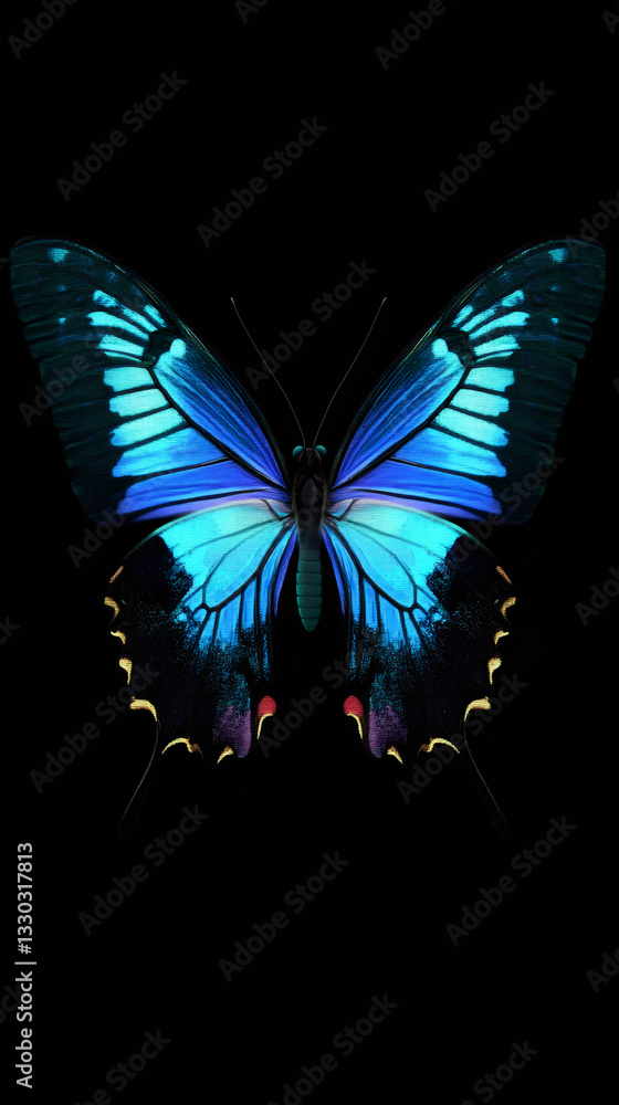 Poster Close-up of a blue morpho butterfly with open wings, displaying vibrant blue and black patterns on a dark background