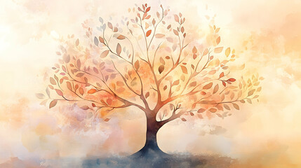 Watercolor family tree with delicate branches and soft tones, leaves representing generations, symbolizing family heritage and connections.illustration