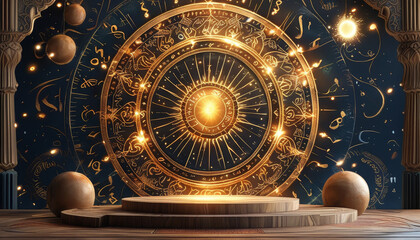 Nowruz product display background podium, Celestial Persian Elegance, intricate Persian calligraphy golden astrological symbols, Zoroastrian, cosmic significance of Nowruz, ad, podium platform