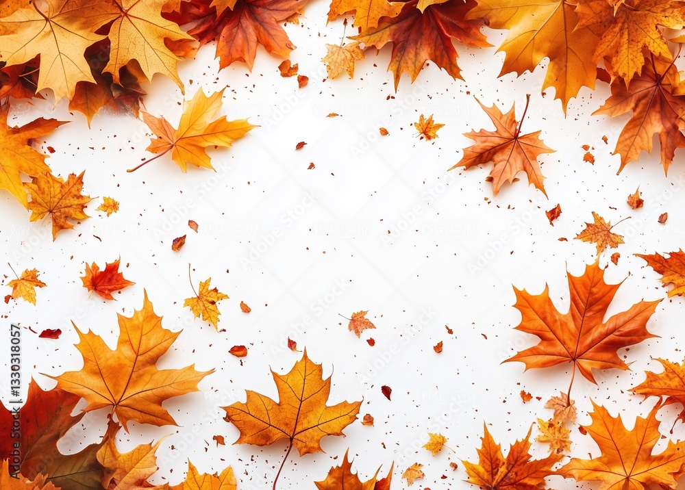 Poster autumnal maple leaves falling on white background creating frame