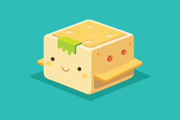 Obraz premium A playful flat tofu character featuring a cheerful expression and customizable toppings, Tofu Customizable Flat Illustration