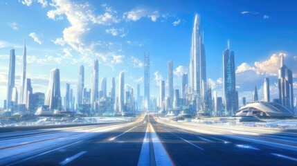 Naklejka premium Futuristic city skyline with wide road