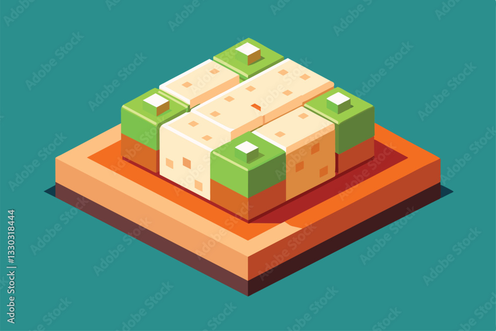 Poster a colorful isometric representation of customizable tofu with various toppings on a plate ready for 