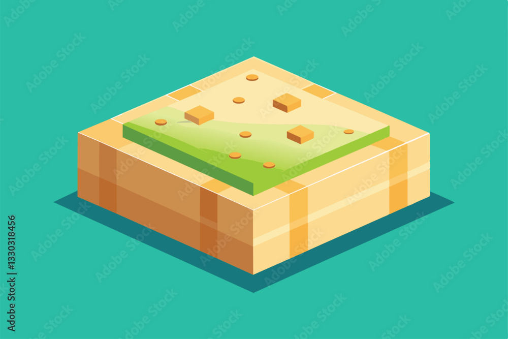 Poster a customizable illustration of a tofu block with vibrant toppings, presented in a flat style on a gr