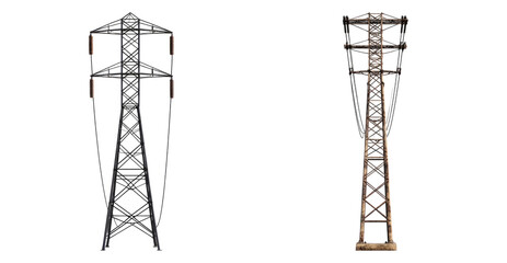 Two Different High Voltage Power Transmission Towers Side by Side, PNG bundle collection, Isolated on Transparent Background