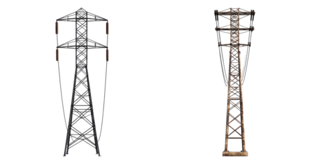 Two Different High Voltage Power Transmission Towers Side by Side, PNG bundle collection, Isolated on Transparent Background