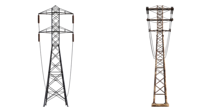 Two Different High Voltage Power Transmission Towers Side by Side, PNG bundle collection, Isolated on Transparent Background