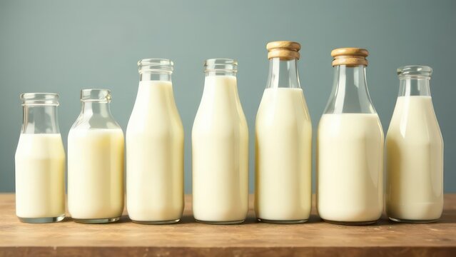 Glasses and bottles with different types of milk 