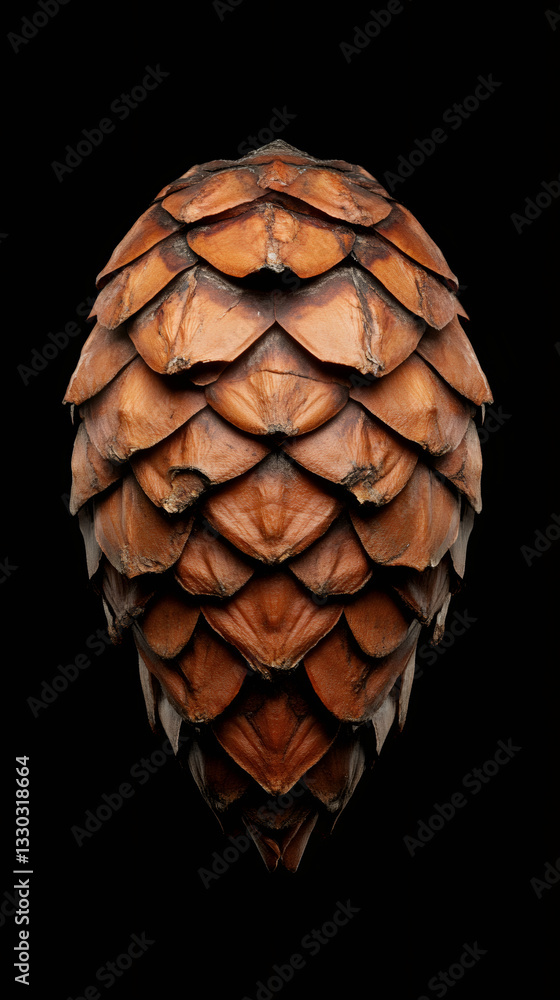 Poster pine cone resting on black background, revealing organic textures, highlighting natural symmetry and
