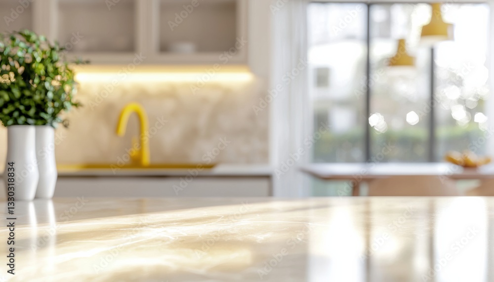 Poster empty marble kitchen countertop with blurred background and copy space