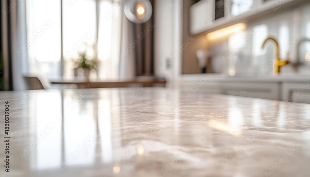 Poster empty marble countertop with blurred modern kitchen in background