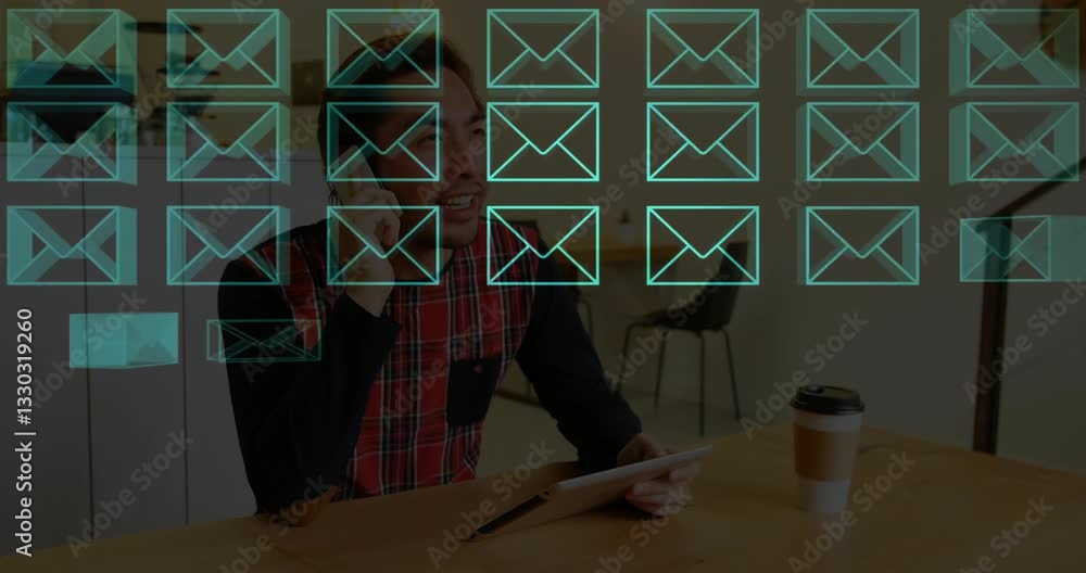 Poster using tablet and phone, man interacting with email animation in cafe