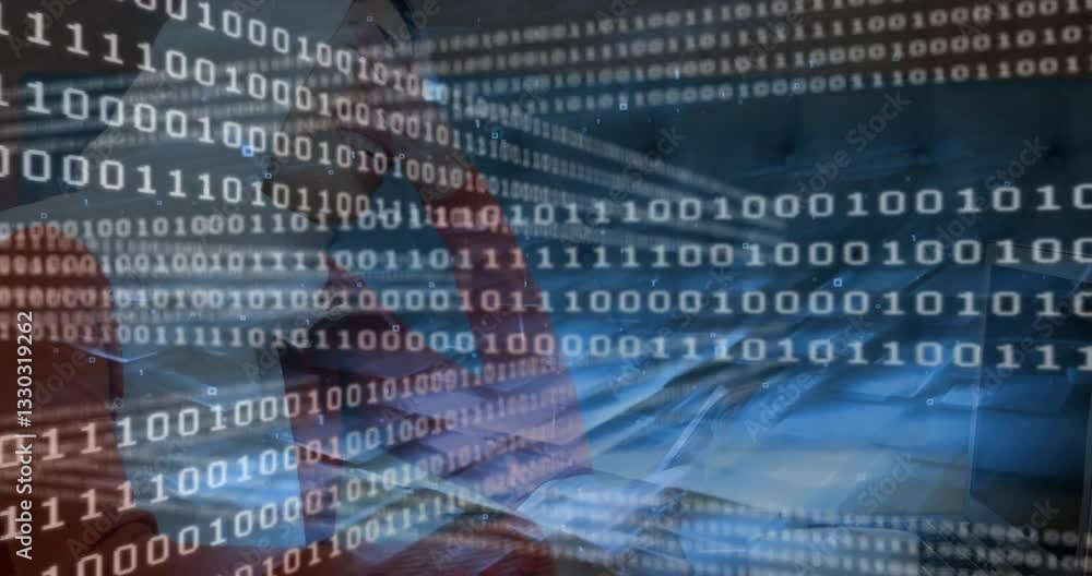 Poster binary code and data processing animation over abstract blue background