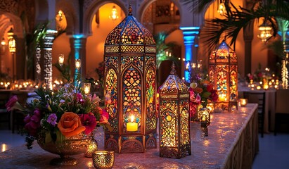 Colorful Ornate Lanterns with Vibrant Flowers and Candles in a Moroccan-Inspired Setting

