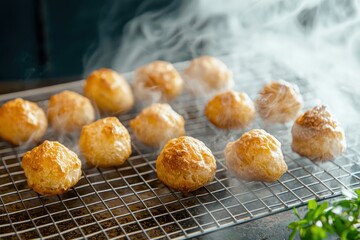 Savory Cheese Puffs Round, airy cheese puffs with a light crust, displayed on a wire rack. Steam hints at their fresh-from-the-oven warmth