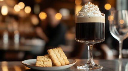 Enjoying classic Irish coffee with whipped cream and shortbread cookies in a warm pub atmosphere