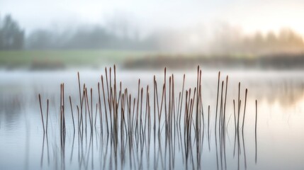 Misty morning on a tranquil lake with wooden posts