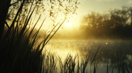 Naklejka premium Golden sunrise over a tranquil lake, with tall grass bordering the water