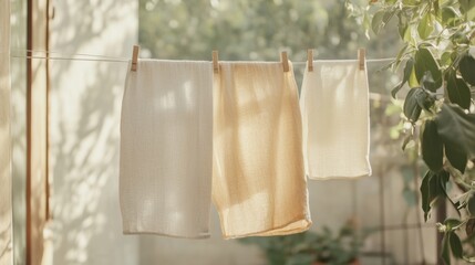 Freshly washed linen sheets hang on a clothesline in a sunlit garden during a warm afternoon