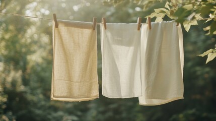 Freshly washed linen sheets hanging on a clothesline in a sunlit garden setting