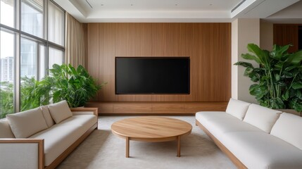 A minimalist living room with light wood furniture and a sleek white sofa