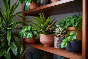 Obraz premium Indoor garden display featuring a variety of lush green plants on wooden shelves in a cozy living space