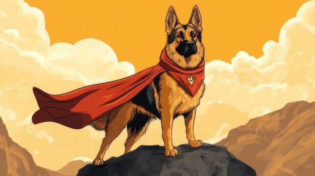 Dog superhero, standing on a rock, cape flowing