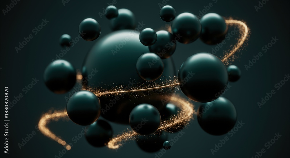 Poster abstract 3d rendering of black spheres with golden glowing particles swirling around on a dark backg