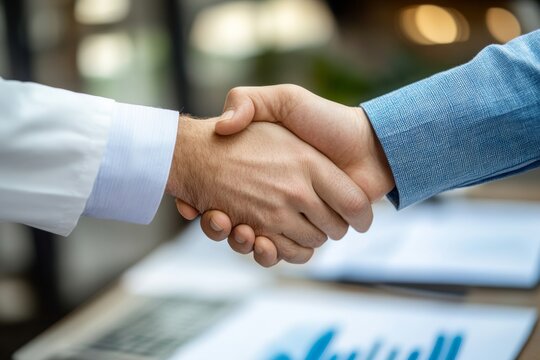 A confident accountant and a pleased client engage in a handshake following the completion of a thorough financial audit. The warm atmosphere enhances their positive interaction - Powered by Adobe