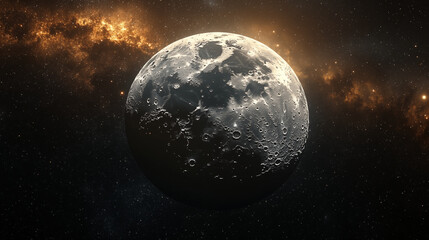 Fototapeta premium Moon surface with detailed craters against cosmic background with golden nebula cloud and stars. Space exploration concept showing lunar landscape in realistic astronomical illustration