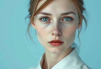 Female portrait with pale complexion and cold pastel blue background