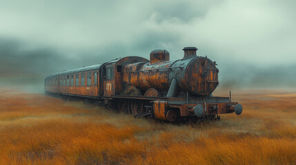 Rusty steam locomotive with passenger carriage traveling through misty autumn grassland. Vintage train journey concept with weathered engine in foggy meadow landscape