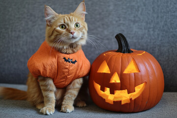 Cat in an orange costume sitting beside a carved pumpkin during Halloween
